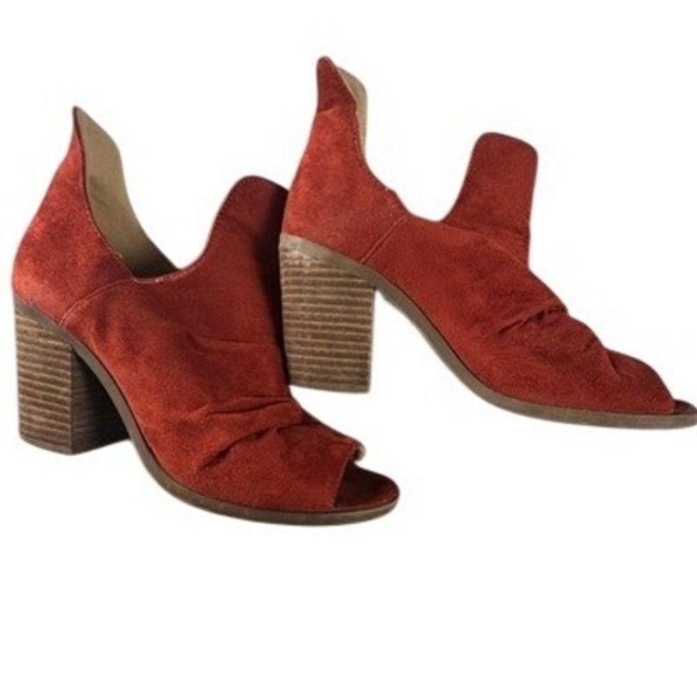GC Shoes Booties Women 7.5 Rust Orange Open Toe Ruched Suede Block Heel Ankle